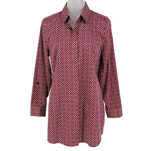 Chicos Top 1 Womens Medium 8 Burgundy White Wrinkle Resistant Blouse Career